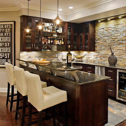Old School Edison Style LED Bulb 10W Dimmable, 100W Equivalent lighting a stylish home bar with dark wood and stone accents