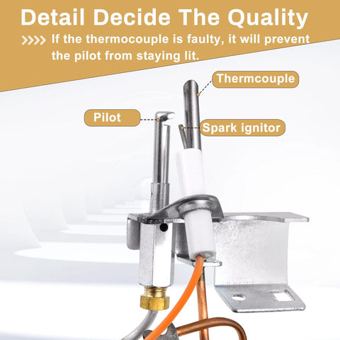 Close-up of natural gas pilot assembly for water heater showing pilot, thermocouple, and spark igniter.