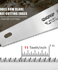 Pro Grade 14 Inch Hardpoint Handsaw With Cushioned Non Slip Grip Truly Razor Sharp Teeth For Slicing Lumber Drywall Pipe And Trim Smooth Swinging Action Jobsite Staple Contractor Favorite Tool blade close-up showing teeth per inch.