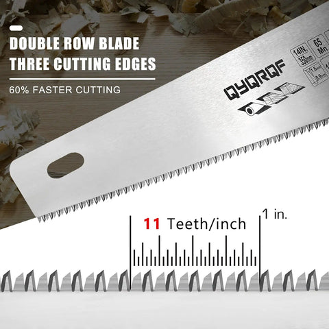 Pro Grade 14 Inch Hardpoint Handsaw With Cushioned Non Slip Grip Truly Razor Sharp Teeth For Slicing Lumber Drywall Pipe And Trim Smooth Swinging Action Jobsite Staple Contractor Favorite Tool blade close-up showing teeth per inch.