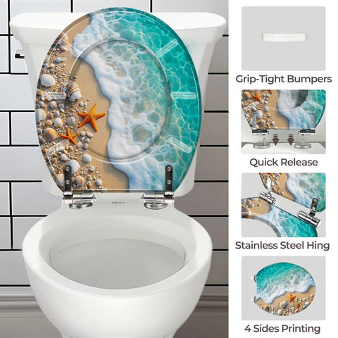 Round Toilet Seat Resin for Bathroom featuring beach design with seashells and waves, fits various toilet sizes.