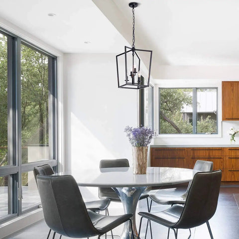 Industrial Black Pendant Light 4 Light Chandelier With Classic Metal Cage hanging over modern dining area.