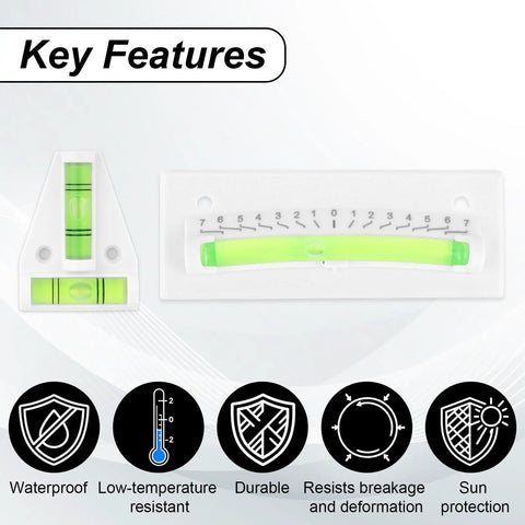 Close-up of Four Pack RV Level Bubble Kit with T and rectangular levels showing key features and durability