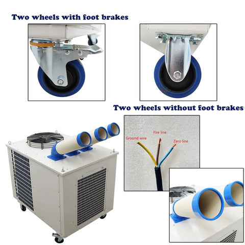 Image of Heavy Duty Industrial Air Conditioner, Massive 220V Outdoor Evaporative Cooler, showcasing wheels and air ducts.