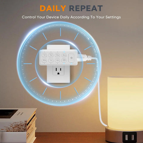 Two Pack Double Outlet Programmable Countdown Timer With Repeat Function And Dead Simple Controls Up To Four Hour Cycling For Desk Fans Room Lights 15 Amp Heavy Duty Build Built Tough For The Daily Grind, in use with a lamp on a table.