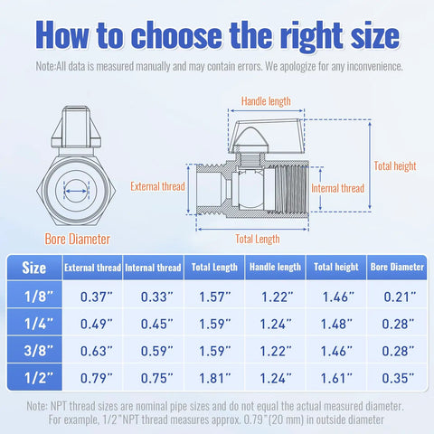 Size guide for two pack half inch mini ball valve 304 stainless steel water flow control with NPT threads and quarter turn shut off.