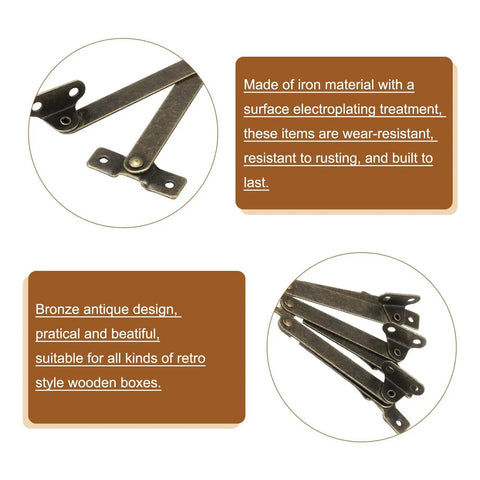 4 Pack Lid Folding Support Hinges With 16 Screws Bronze Finish Lid Stay Hinges for wooden boxes and cabinets, iron material