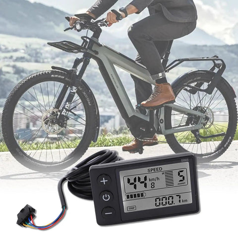 S866 2.5 Inch LCD Speedometer Odometer For Electric Scooters with plug in control panel shown with a bicycle in the background.