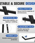 Heavy Duty 4 Tier Lumber Storage Rack With Adjustable Steel Frame showcasing stable structure, reinforced bolts, and rubber caps for added security.