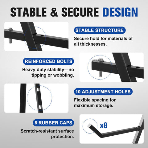 Heavy Duty 4 Tier Lumber Storage Rack With Adjustable Steel Frame showcasing stable structure, reinforced bolts, and rubber caps for added security.