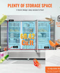 Pro Grade 60 Cu Ft Commercial Reach In Freezer Built Like A Tank With Three Door Setup showing bright LED interior and adjustable racks.