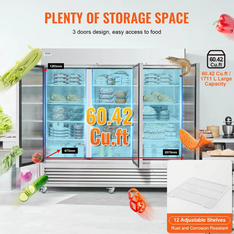 Pro Grade 60 Cu Ft Commercial Reach In Freezer Built Like A Tank With Three Door Setup showing bright LED interior and adjustable racks.