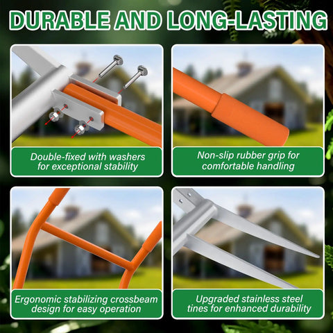 Heavy Duty 5-Tine Broad Fork for Gardening With Ergonomic U Shaped Handle All Steel Construction Rust Resistant Built to Dig Deep Aerate Soil Cultivate Garden Beds Farms and Tough Soil, focus on features.