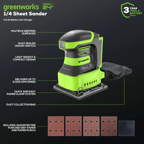 Cordless 24V Quarter Sheet Sander With 2Ah Battery And Charger, green design, shown with features labeled and sandpaper options