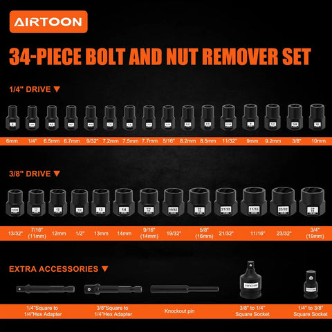 34 Piece Impact Bolt Extractor Kit For Stripped Bolts And Nuts Remover Socket Set, Chrome Molybdenum, tool sizes visible
