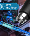Close-up of heat-shrink butt splice connector on blue 16-14 AWG wire; metal crimp terminal.