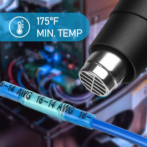 Close-up of heat-shrink butt splice connector on blue 16-14 AWG wire; metal crimp terminal.