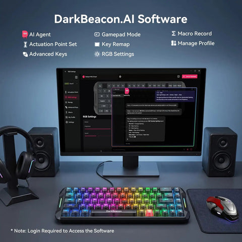 DarkBeacon.AI Software displayed on a monitor with a 65 Percent Mechanical Gaming Keyboard With Hall Effect Magnetic Switches and Lightning Fast Rapid Trigger.