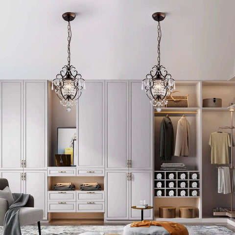 Modern Mini Crystal Chandelier With Iron Bronze Finish Ceiling Mount 1 Light Lighting Fixture in a chic closet setting