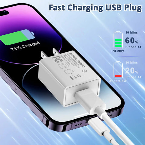 UL Listed 5V 2A USB Wall Charger 2 Pack Fast Charging Plug For iPhone And Apple Watch Travel Ready Go To Compact Block Cube Works Worldwide 100-240V Great For Home Office Or On The Go. White USB wall charger plugged into a phone, compact plastic cube design