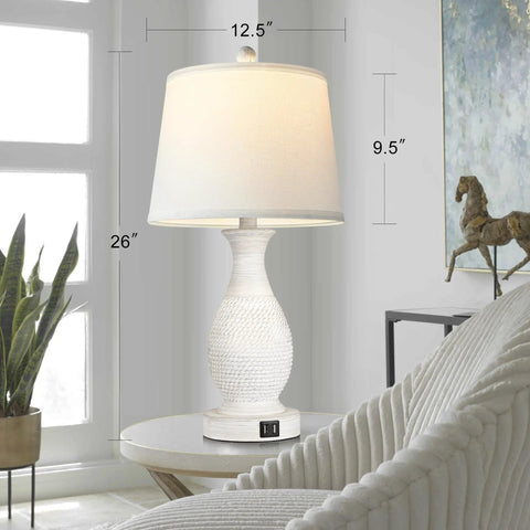 Set Of 2 Farmhouse Table Lamps With USB C And USB A Fast Charging Ports, 26 Inch Tall, 3 Way Dimmable White Fabric Shade