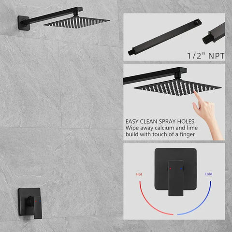 Matte Black Shower Faucet Set With Rough In Valve And Trim Kit 8 Inch Square Rain Shower Head Extra Long 14 Inch Shower Arm All Metal Durable Bathroom Shower System For Modern Homes, showing rain head, arm, and valve detail