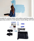 Woman using Heavy Duty Paint Roller Kit With Extension Pole Reaches High Ceilings Effortlessly No Ladder Required for wall painting.
