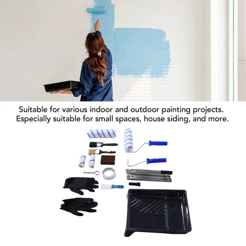 Woman using Heavy Duty Paint Roller Kit With Extension Pole Reaches High Ceilings Effortlessly No Ladder Required for wall painting.