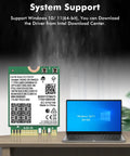 Tri Band WiFi 6E Network Card With AX210 NGW Bluetooth 5.3 next to a laptop displaying Windows 10/11 compatibility.