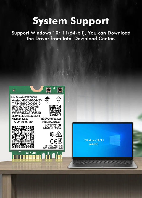 Tri Band WiFi 6E Network Card With AX210 NGW Bluetooth 5.3 next to a laptop displaying Windows 10/11 compatibility.