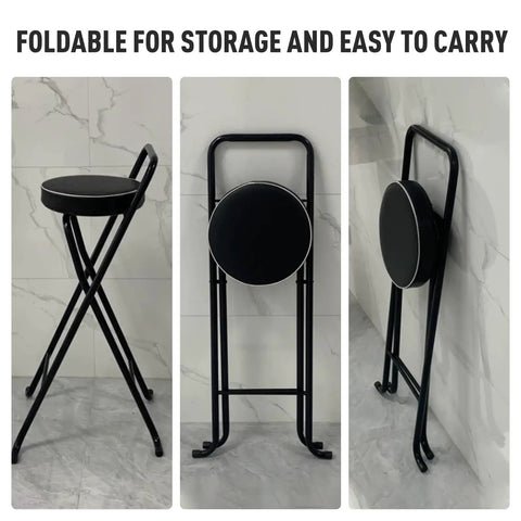 Foldable Metal Bar Stool 32 Inch Tall With Padded Seat shown folded for storage