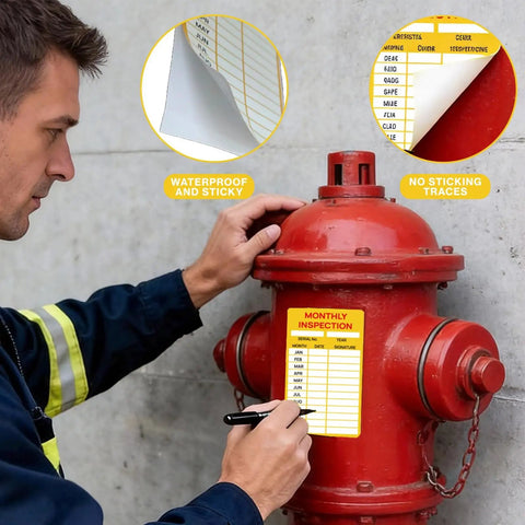Firefighter using 15 Pack Self Adhesive Monthly Inspection Stickers Waterproof 3 By 5 Inches Fire Extinguisher Maintenance Labels And Tags
