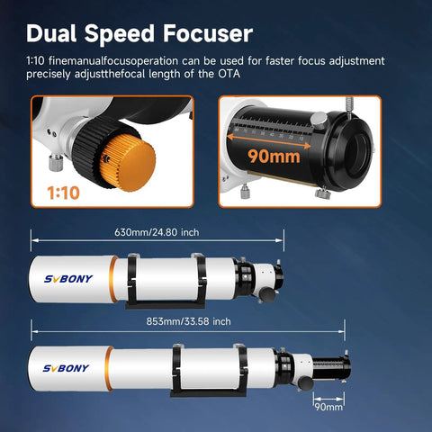 Diagram of 102mm F7 Refractor Telescope for Adults with Extra Low Dispersion Optics, showcasing dual-speed focuser details.