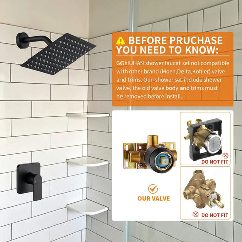 Slick Black Shower Faucet Trim Kit With Heavy Duty Rough In Valve Set Featuring 8 Inch Square Stainless Steel Rainfall Head For Top Tier Bathroom Renovations And Badass High Pressure Water Flow Daily