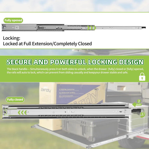 Beefy Heavy Duty Locking Drawer Slides 1 Pair 12 to 40 Inch full extension rails displayed open and closed in use