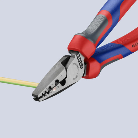 Handy Comfort Grip Crimping Pliers for Wire Ferrules 5 to 23 AWG crimping a wire with half round dies for secure connections.