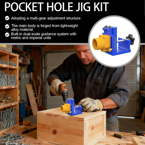 Woodworker using Pocket Hole Drill Guide Kit For Woodworking With Dust Collection Easy To Use Pocket Hole Jig For Cabinet Installations