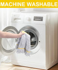 Commercial Heavy Duty Mop Pack Legit Tough On Grime features 60 inch long handle being placed in a washing machine.