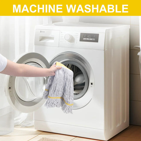 Commercial Heavy Duty Mop Pack Legit Tough On Grime features 60 inch long handle being placed in a washing machine.