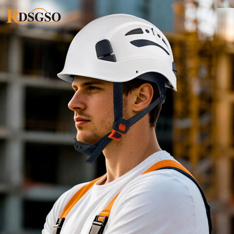 Man wearing Breathable Lightweight Construction Safety Helmet With Dual Side Vents And 6 Point Suspension ANSI ISEA Z89.1 Type I Class C