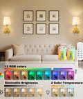 Gold Cordless Wall Sconces Set Of Two Battery Operated Rechargeable Dimmable Led Lamps With Fabric Shades in a cozy living room.