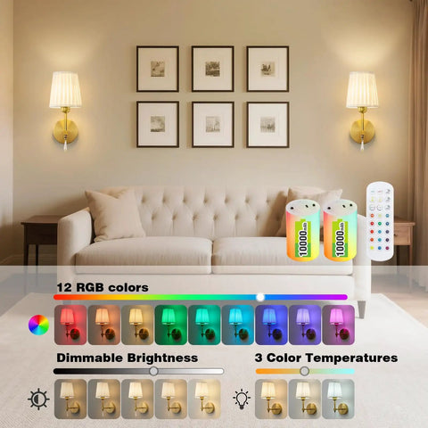 Gold Cordless Wall Sconces Set Of Two Battery Operated Rechargeable Dimmable Led Lamps With Fabric Shades in a cozy living room.