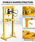 12 Ton Heavy Duty H Frame Hydraulic Shop Press Solid Steel Garage Workhorse With Safety Relief Valve and Press Plates Built Legit For Engine Teardowns And Metal Straightening Easy Rig Up Yellow showing a stable h-shaped structure and adjustable height feature.
