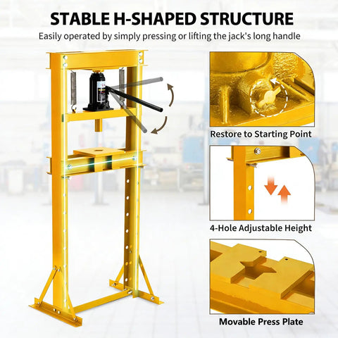 12 Ton Heavy Duty H Frame Hydraulic Shop Press Solid Steel Garage Workhorse With Safety Relief Valve and Press Plates Built Legit For Engine Teardowns And Metal Straightening Easy Rig Up Yellow showing a stable h-shaped structure and adjustable height feature.