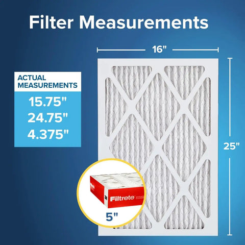 Premium Pleated 16x25x5 Air Filter MERV 11 Micro Allergen Defense 2-Pack for Home HVAC with dimensions 15.75x24.75x4.375 inches.