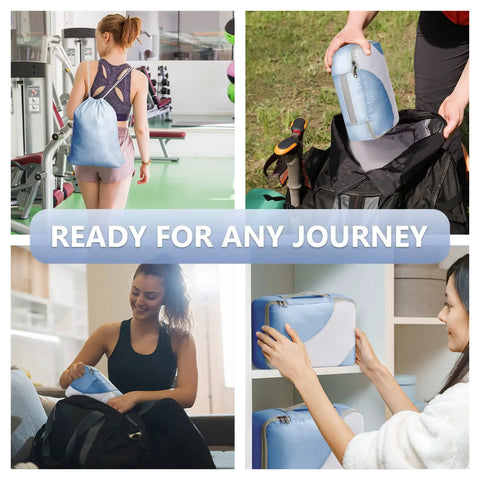 Collage of women using the 8 Piece Travel Packing Cubes Set With Shoe Bag And Hanging Toiletry Bag Durable Anti Tear Luggage Organizer For Cruise Ship Vacations In Blue Lightweight Space Saving Must Have Travel Gear For Women And Moms.