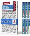 Deep Pleated HVAC Air Filter 16x25x1 6 Pack MERV 8 MPR 700 with packaging and reusable ABS frame illustration