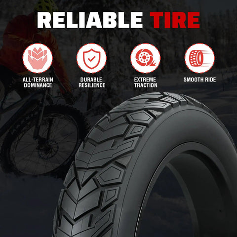 Fat Bike Tire 26x4.0 Inch Heavy-Duty Anti-Slip All-Terrain Replacement for E-Bike and Trike Foldable With Inner Tube 2 Pack Black tread close-up