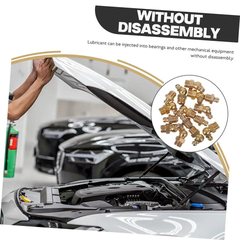 Grease Fittings Kit With Straight And Angled Nozzles For Automotive And Industrial Use Includes Storage Box For Easy Organization Assorted Nipples And Fittings For Repairs And Maintenance shown by open car hood.