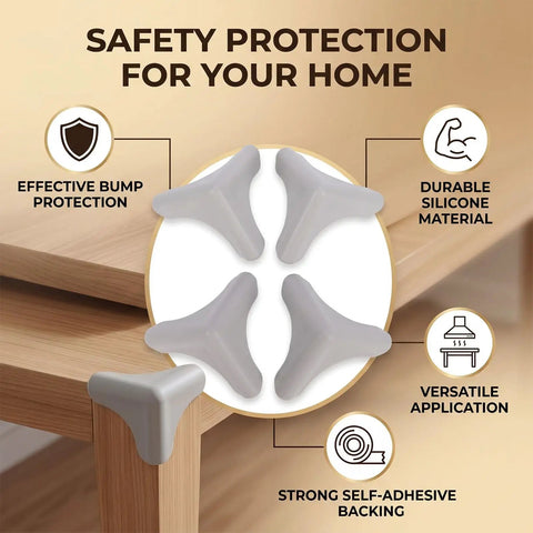 Soft Silicone Corner Protectors With Self Adhesive Edge Covers For Tables Desks And Kitchen Cabinets Protect Kids And Pets From Sharp Edges Rugged Yet Gentle Guard That Prevents Bumps And Injuries In Grey shown on furniture with features highlighted